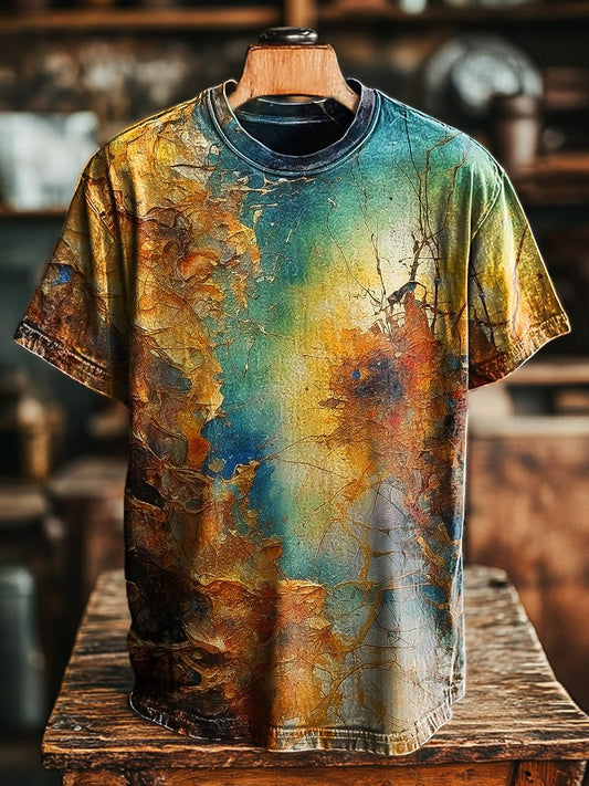 Unisex Vintage 3D Cracked Colorful Printed Casual Loose Tee