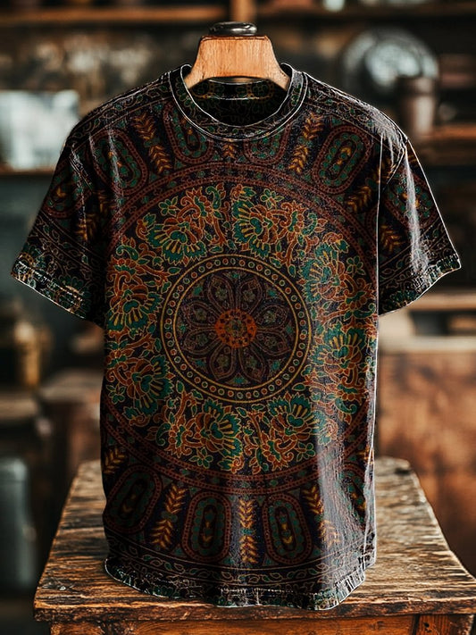 Unisex Retro Ethnic Geometric Floral Print  Tee