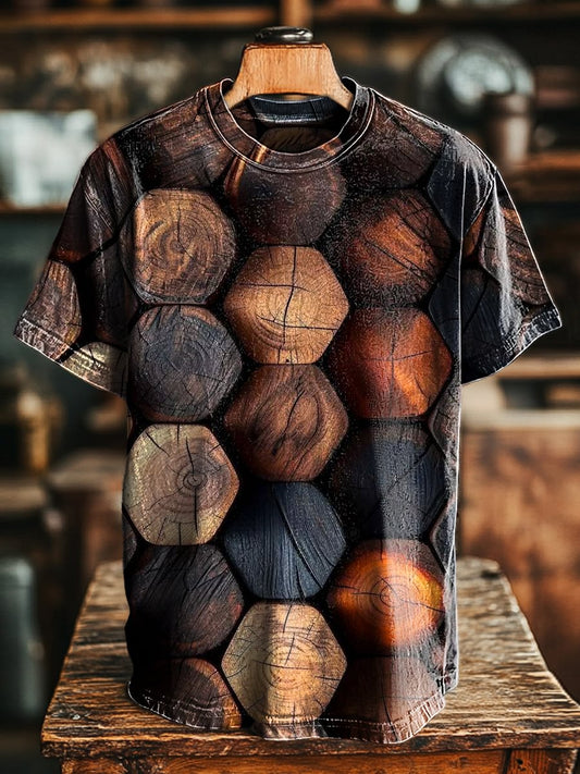 Unisex Vintage Abstract Geometric Wood Print Casual Loose Tee