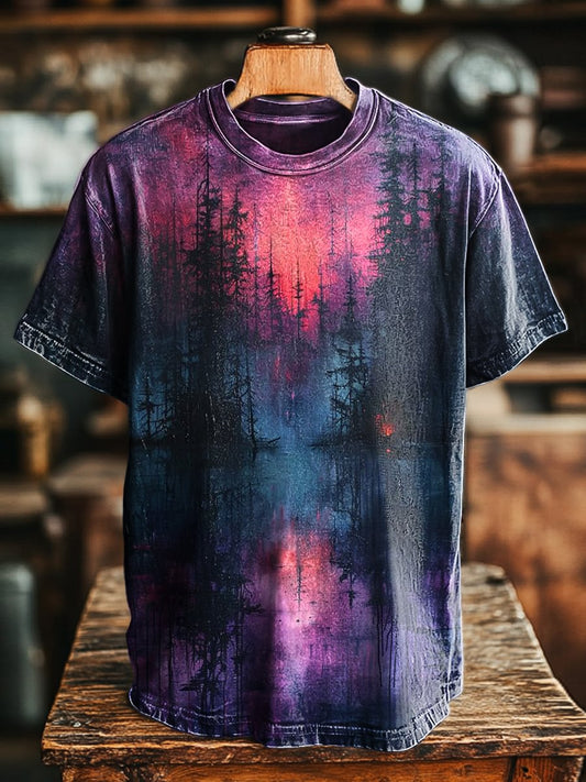Unisex Vintage Abstract Forest Landscape Print Casual Loose Tee