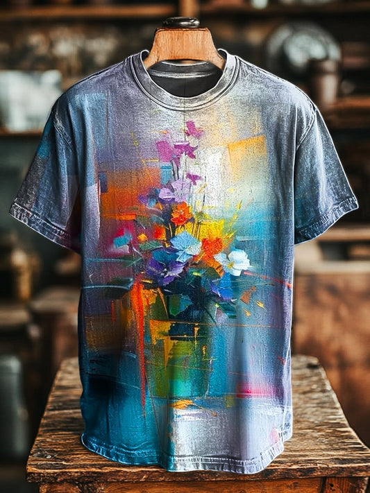 Unisex Vintage Abstract Colorful Floral Art Print Casual Loose  Tee