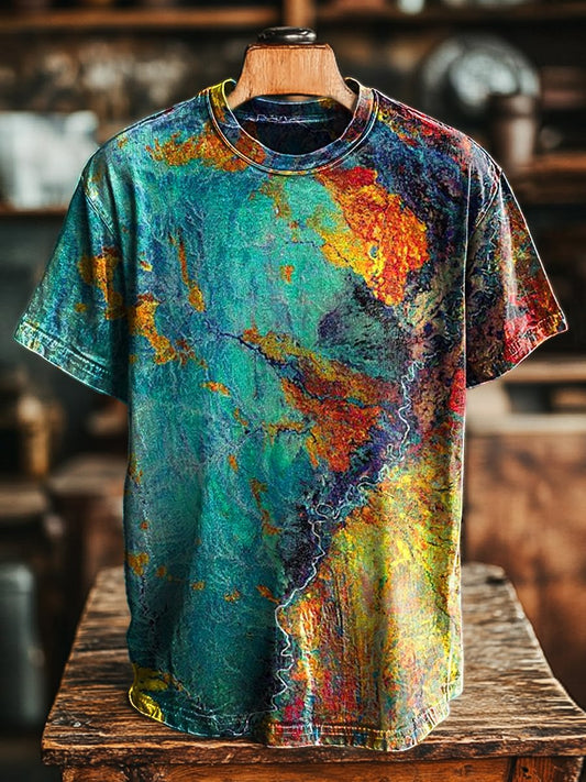 Unisex Vintage Multicolor Line Texture Print Casual Loose Tee