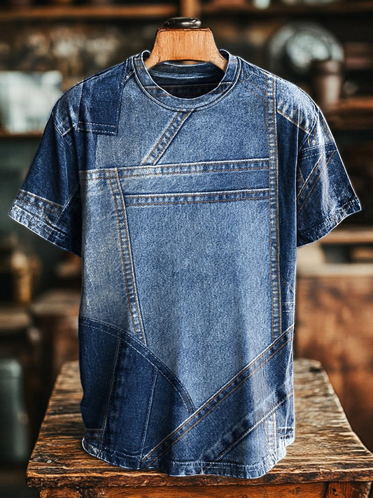 Unisex Vintage Cowboy Spliced Pattern Printed Casual Loose Tee