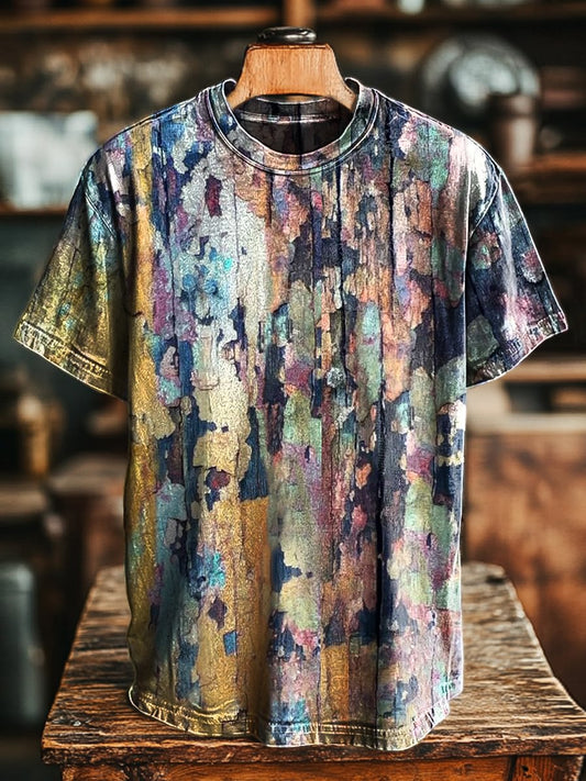Unisex Vintage Colorful Crackle Art Print Casual Loose Tee