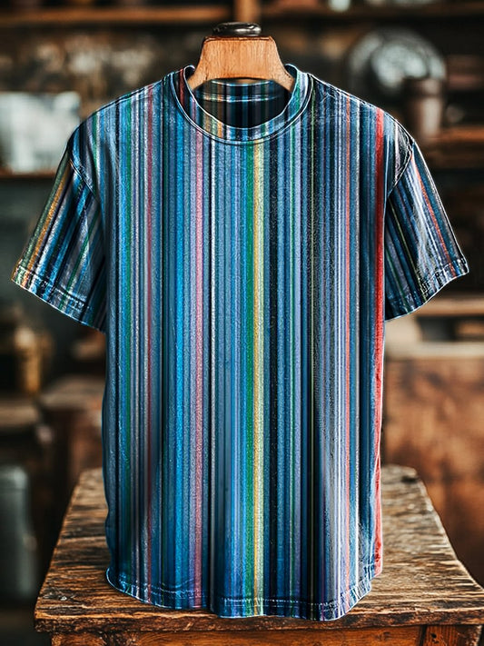 Unisex Retro Colorful Stripe Printed Casual Loose Tee