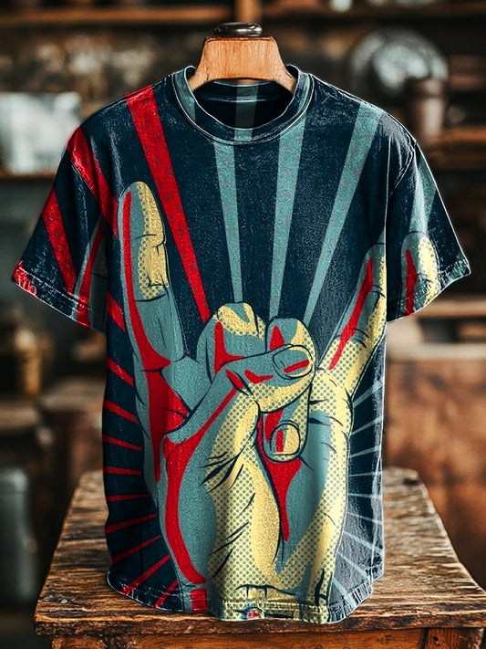 Unisex Vintage Nostalgia Stripe Rock Print Casual Loose Tee
