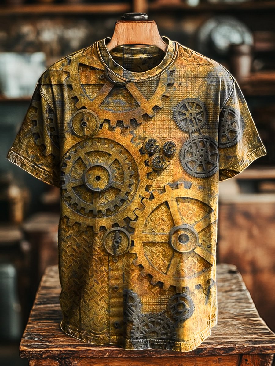Unisex Vintage Gear Art Print Casual Loose Tee
