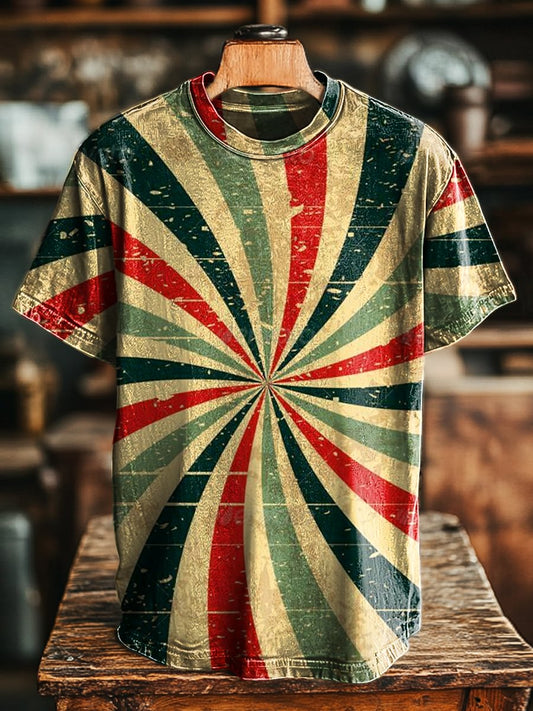 Unisex Vintage Aged Stripe Swirl Print Casual Loose Tee
