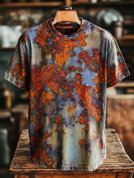 Unisex Vintage Abstract Swoosh Rust Print Casual Loose Tee
