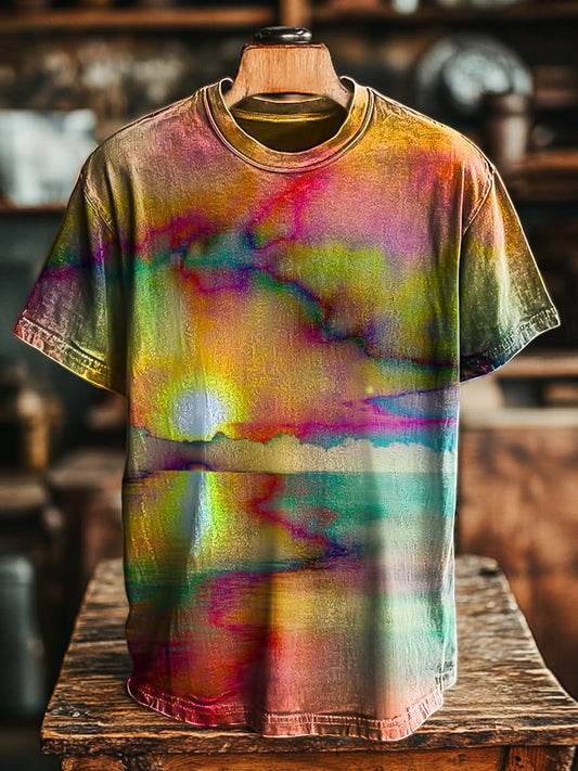 Unisex Vintage Abstract Sunrise Watercolor Print Casual Loose Tee