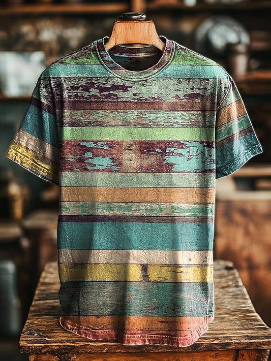 Unisex Vintage Abstract Colorful Stripe Printed  Loose Tee
