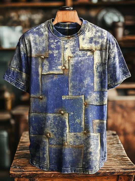 Unisex Retro Old Splicing Geometric Printing Casual Loose  Tee