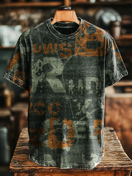 Unisex Vintage Aged Letter Abstract Printed Casual Loose Tee