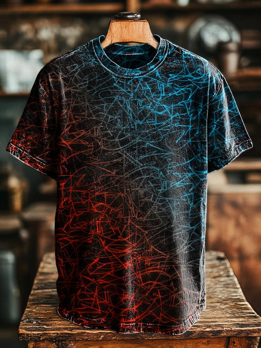 Unisex Vintage Abstract Line Colorblock Printed  Tee