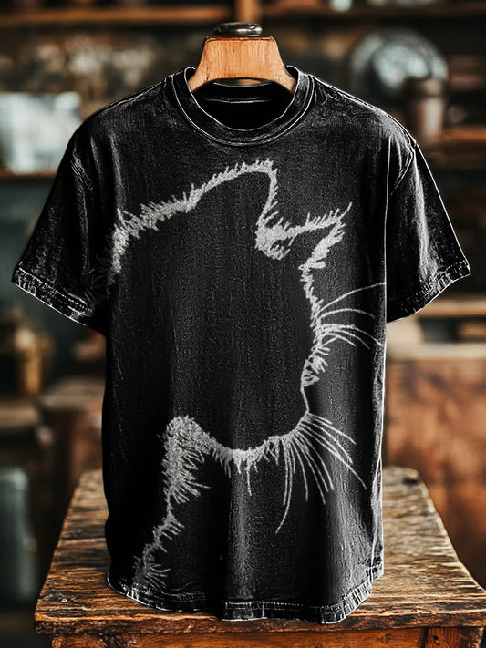 Unisex Vintage Abstract Cat Portrait Print Casual Loose Tee