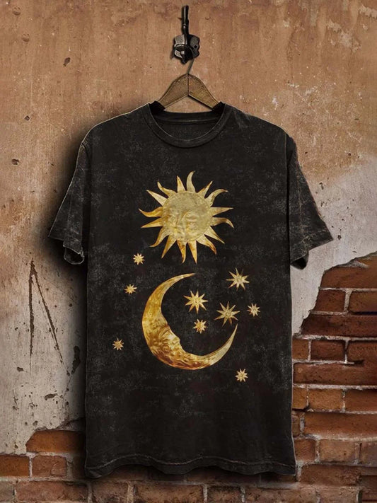 Unisex Retro Sun and Moon Art Printed Casual  Tee