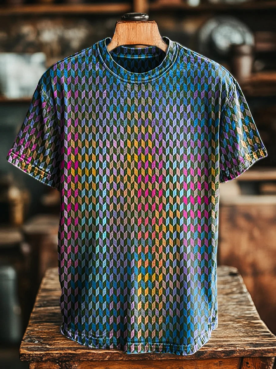 Unisex Retro Multicolor Geometric Print Casual Loose  Tee