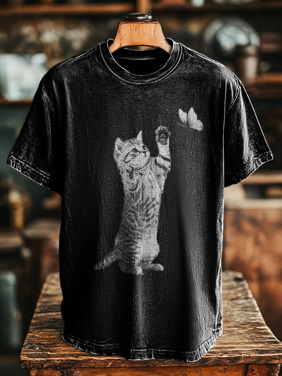 Unisex Retro Cat Scratch Butterfly Print Casual Loose  Tee