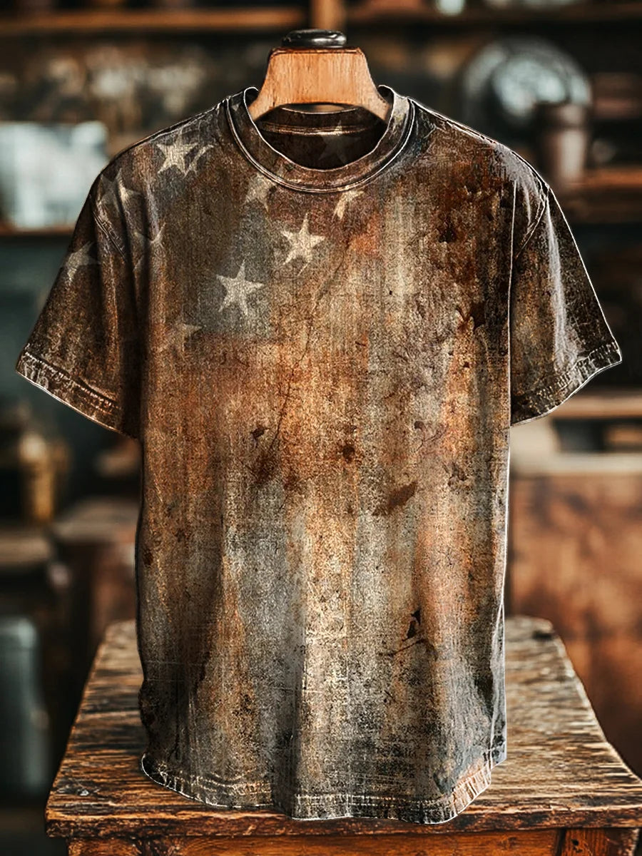 Unisex Retro Aged Star Printed Casual Loose Tee