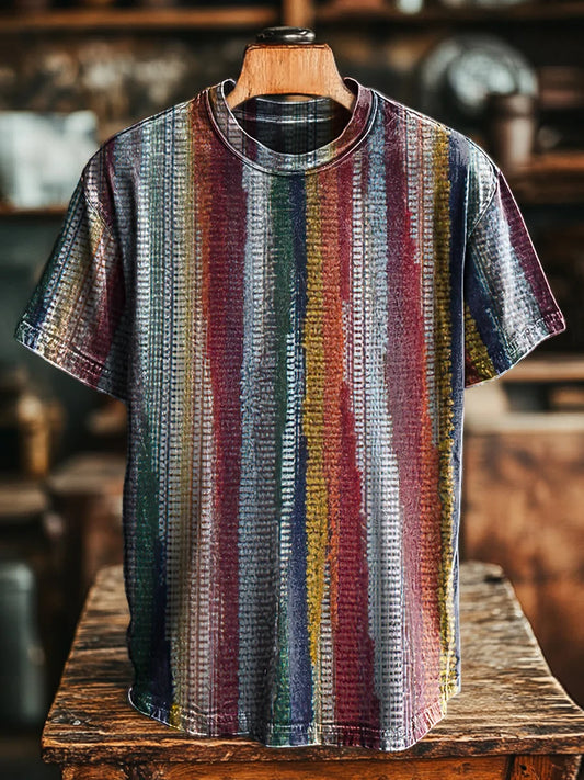 Unisex Vintage Abstract Colorful Stripe  Loose Tee