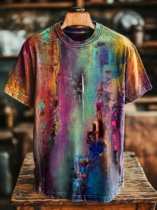 Unisex Vintage Abstract Color Swoosh Printed Casual Loose Tee