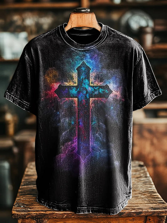 Unisex Retro Swoosh Cross Print Casual Loose  Tee