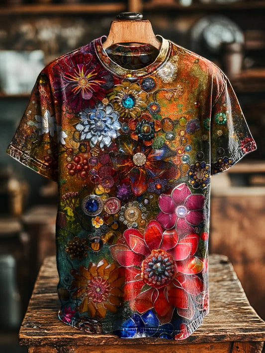Unisex Retro Multicolor Floral Print Casual Loose  Tee