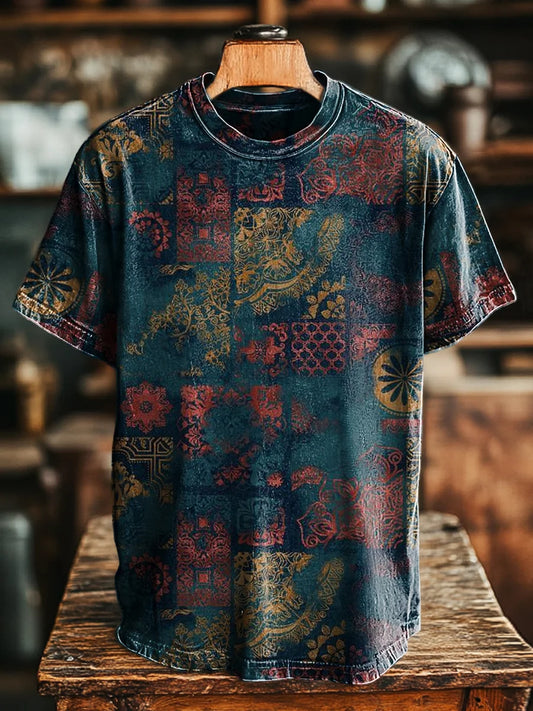 Unisex Retro Ethnic Geometric Floral  Casual Print Loose Tee