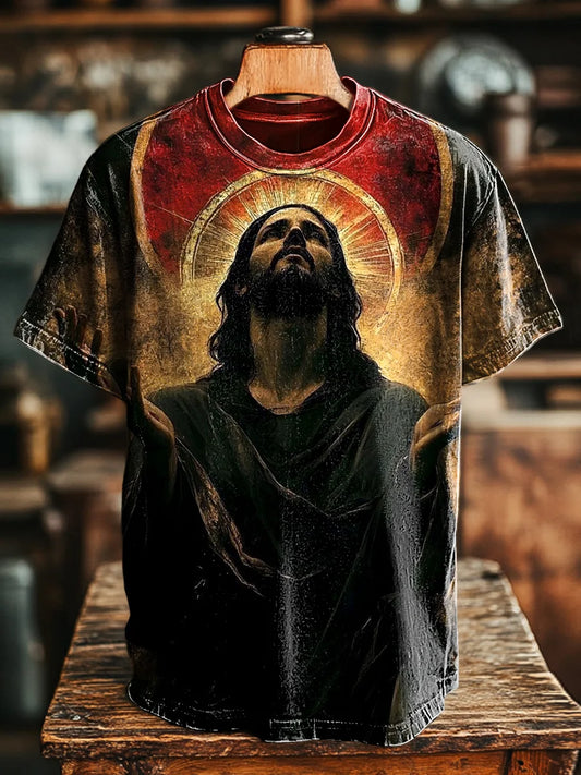 Unisex Vintage Jesus Abstract Print Casual Loose   Tee