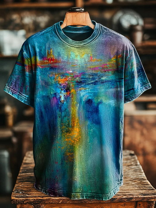 Unisex Vintage Abstract Waterfall Painting Print Casual Loose Tee