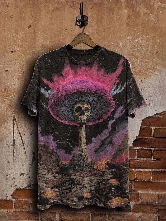 Unisex Dark Fantasy Skull Mushroom Print Casual Tee
