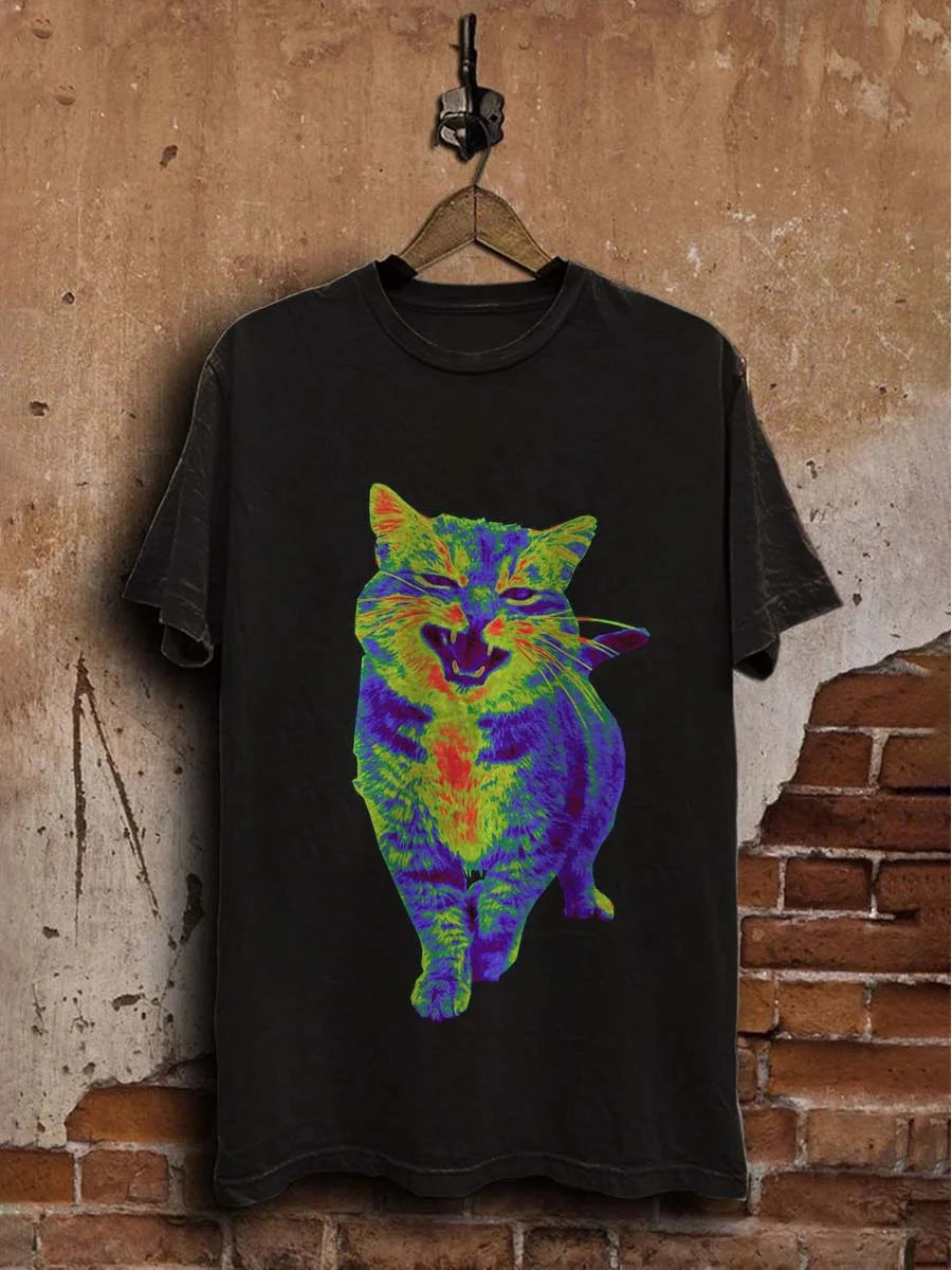Unisex Colorful Cat Print Casual  Tee