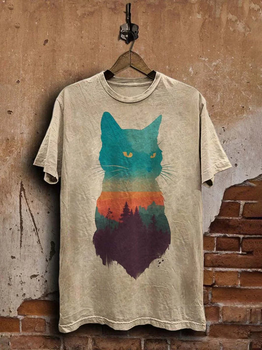 Unisex Abstract Forest Cat Print Casual Tee