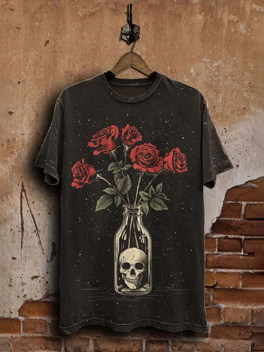 Unisex Skull Rose Print Casual  Tee