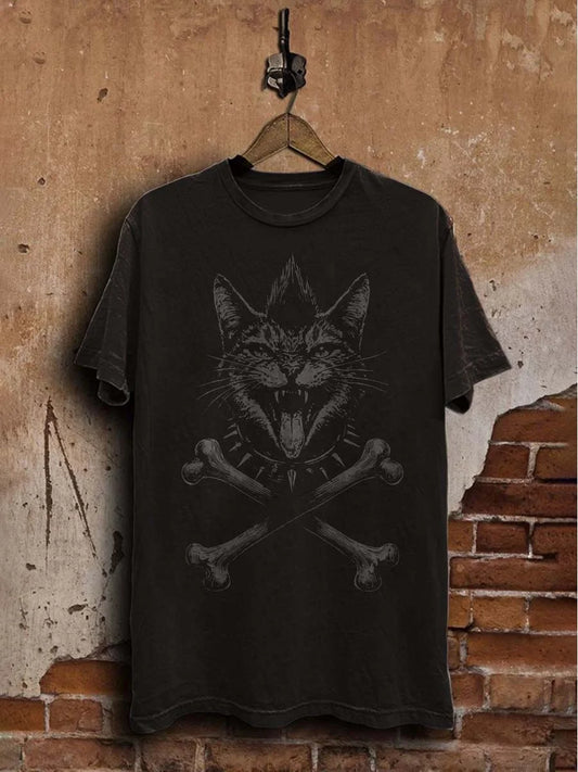 Unisex Punk Cat Print Casual  Tee