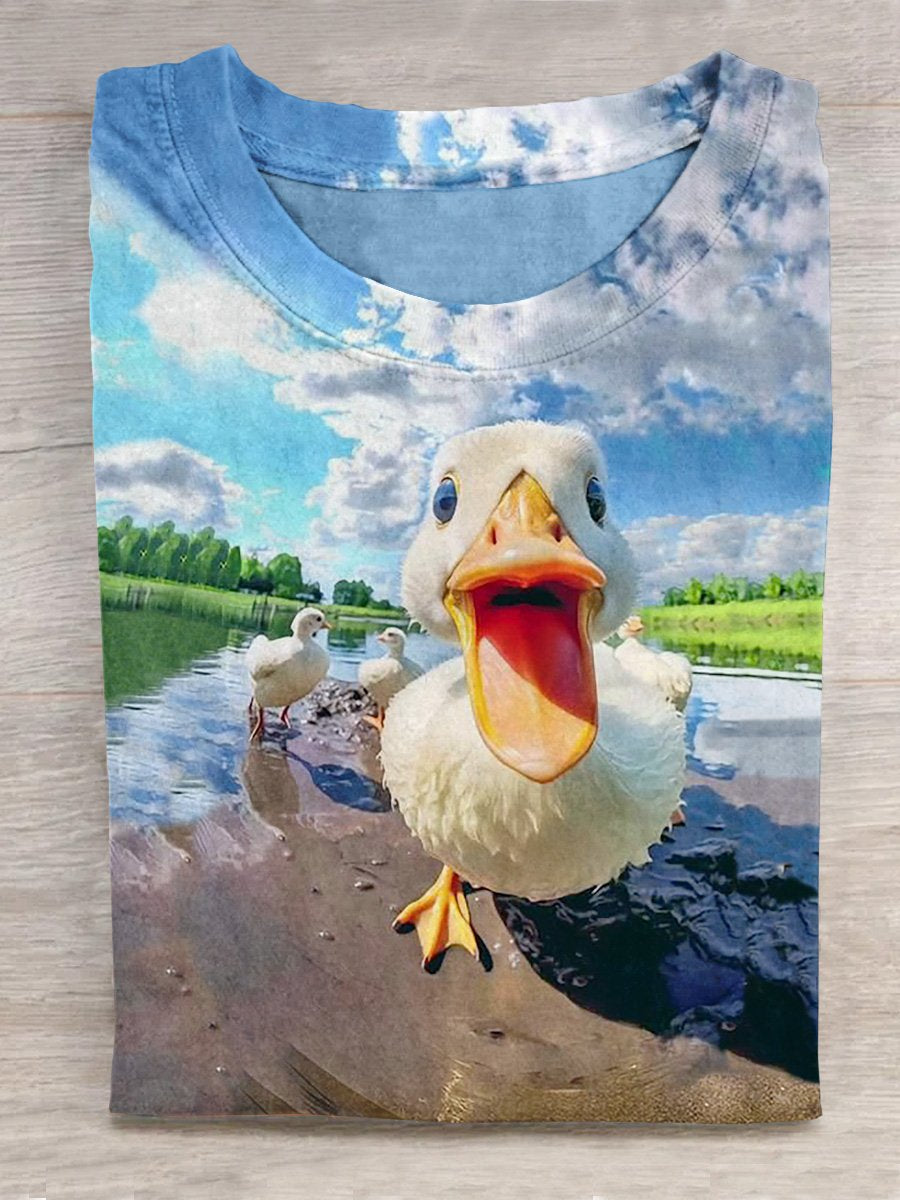 Curious Duck Shot On Fisheye Camera Art Printed Unisex Tee