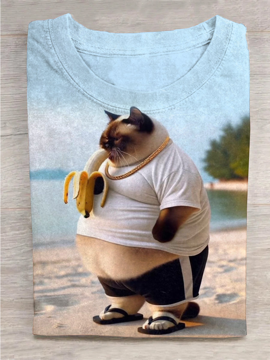 The Fat Cat Is Eating A Banana Unisex Tee