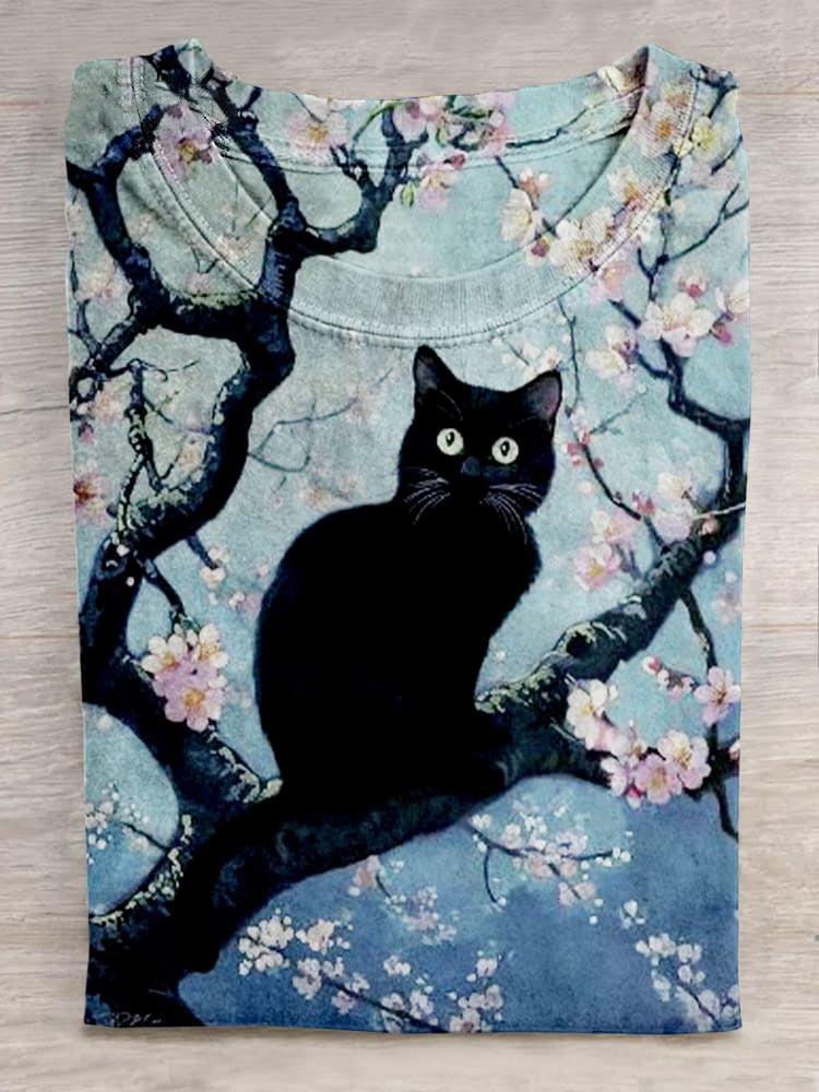 Black Cat In The Plum Tree Art Print Unisex Tee