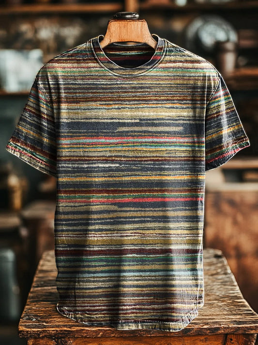 Unisex Vintage Abstract Stripe Print Casual Loose Tee