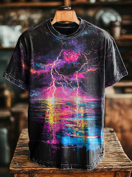 Unisex Vintage Abstract Lightning Print Casual Loose Tee
