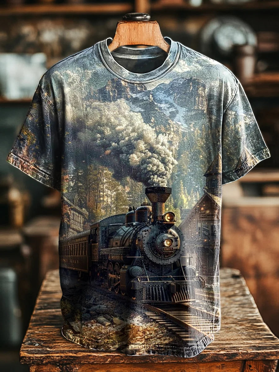 Unisex Retro Nostalgic Steam Train Print Casual Loose Tee