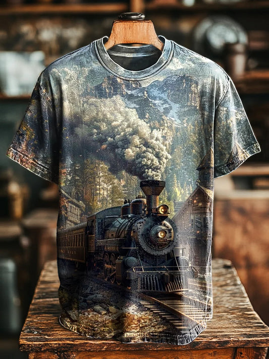 Unisex Retro Nostalgic Steam Train Print Casual Loose Tee