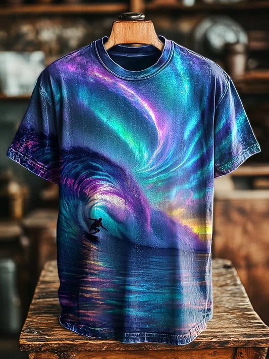 Unisex Retro Aurora Surf Print Casual Loose Tee