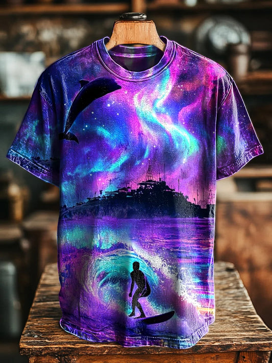 Unisex Retro Aurora Surf Dolphin Print Casual Loose T-Shirt