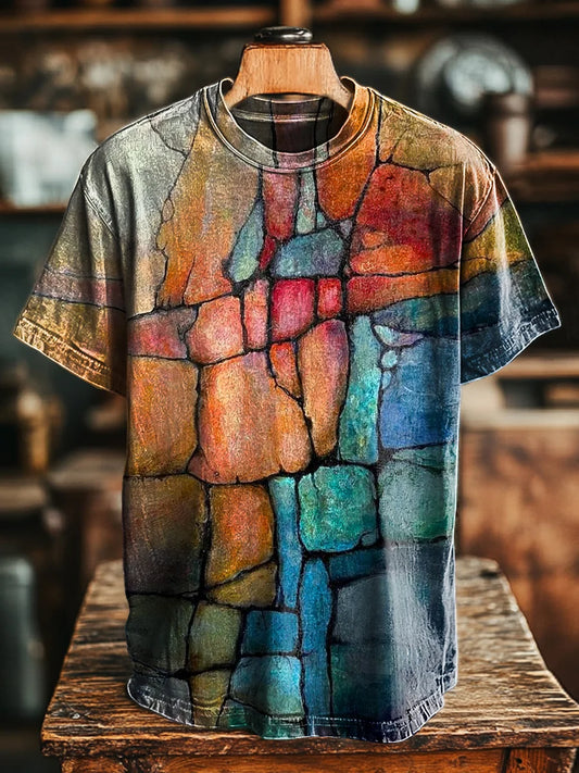 Unisex Vintage Abstract Marble Geometric Print Casual Loose Tee