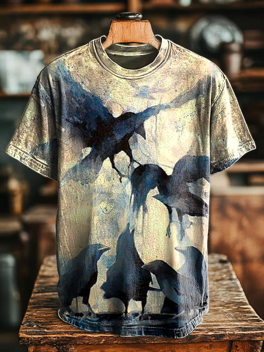 Unisex Vintage Abstract Crow Print Casual Loose Tee