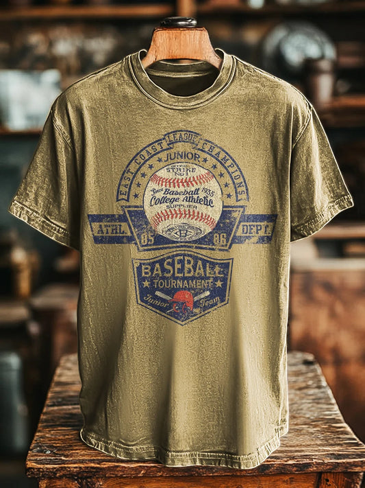 Unisex Retro Aged Baseball Print Casual Loose Tee