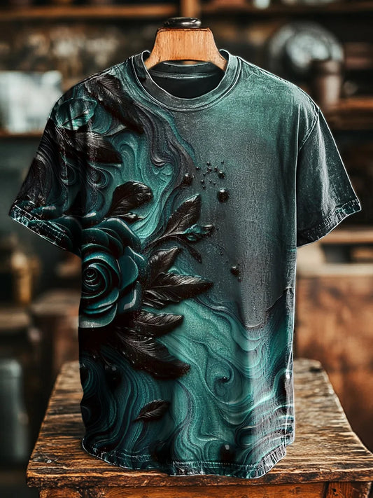 Unisex Retro 3D Floral Print Casual Loose Tee