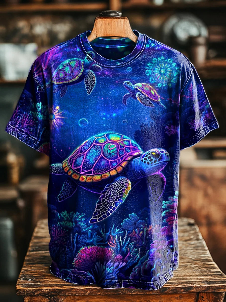 Unisex Vintage Hawaiian Turtle Print Casual Loose Tee