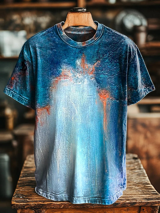 Unisex Vintage Blue Abstract Art Print Casual Loose Tee
